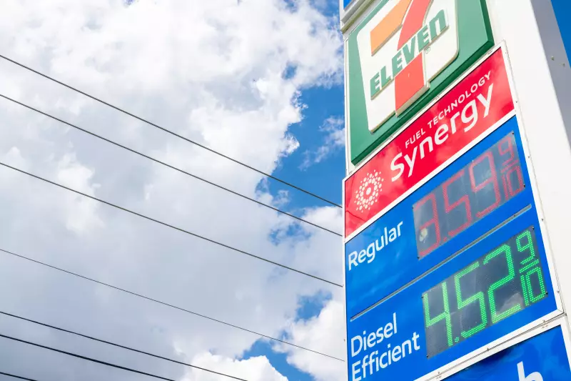 Gas prices are displayed at an Exxon Mobil gas station on June 16 in Austin, Texas. Gas prices in the U.S. have fallen as wholesale gasoline and crude oil prices declined following a preliminary agreement between the U.S. and Iran to continue ceasefire negotiations and work toward reopening the Strait of Hormuz, a vital route for global oil exports.