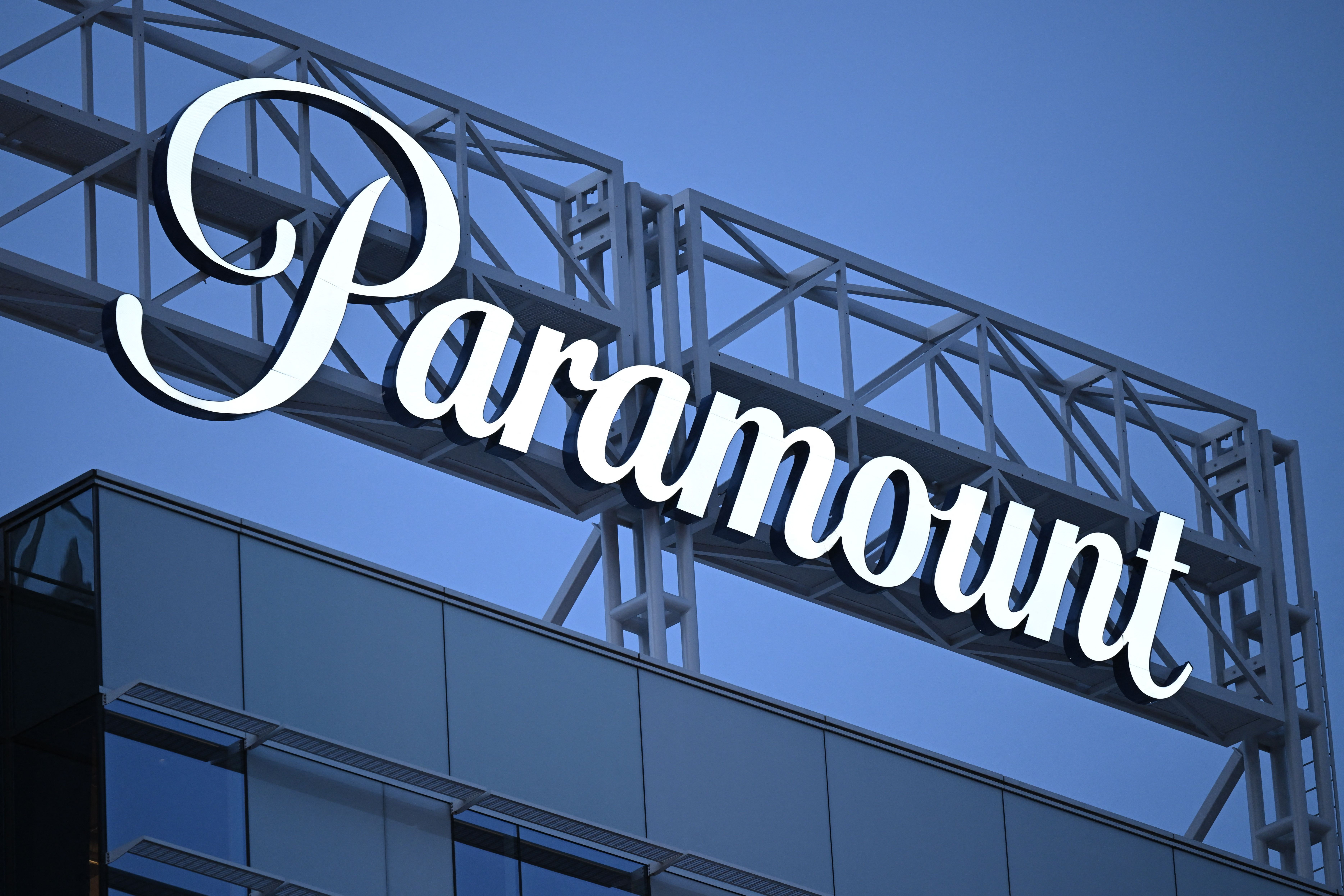 The Paramount logo is displayed at Columbia Square along Sunset Boulevard in Hollywood, Calif. on March 9, 2023.
