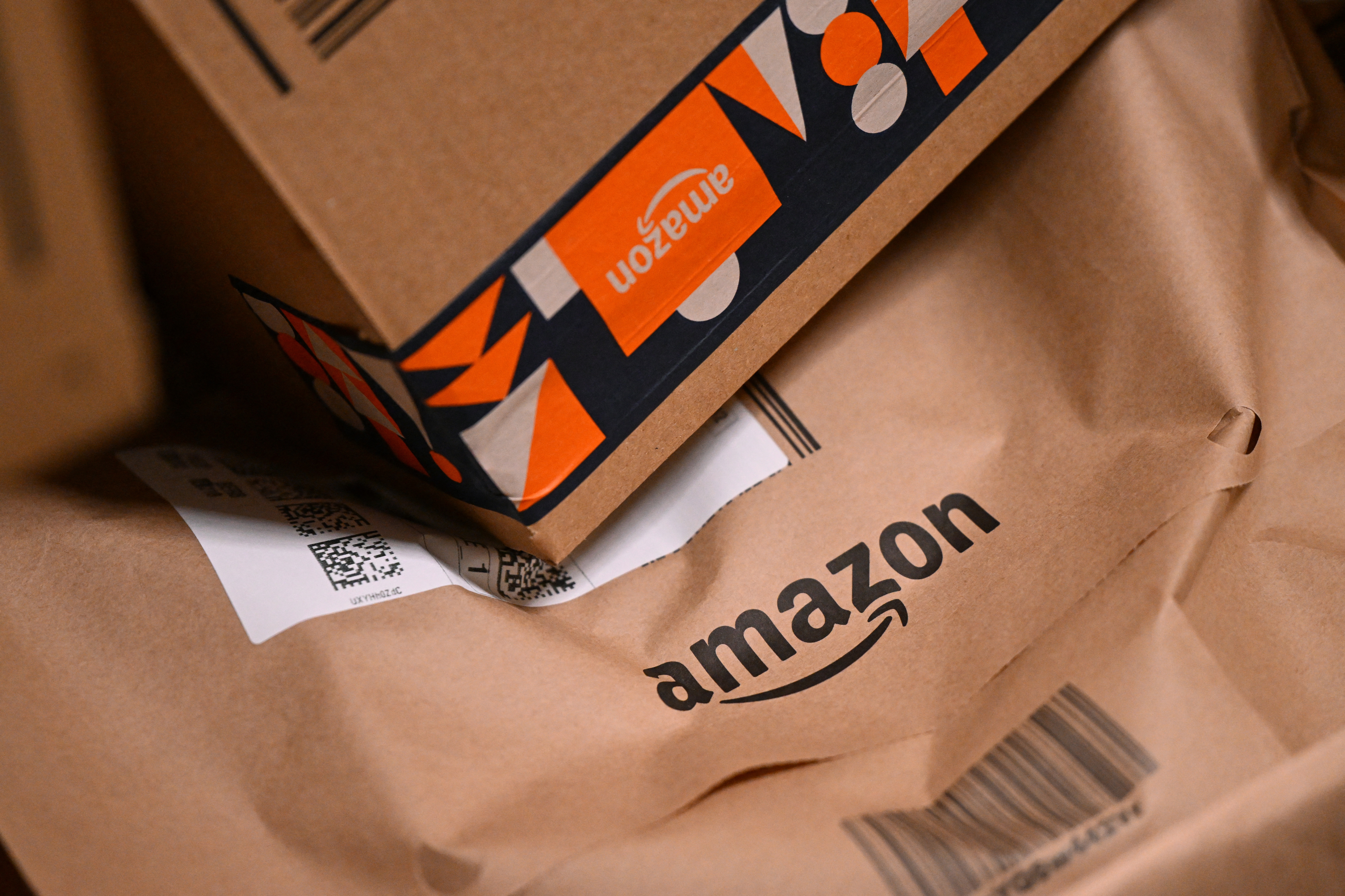 A photo shows an Amazon package in a facility in Horn-Bad Meinberg, western Germany, in December 2024.