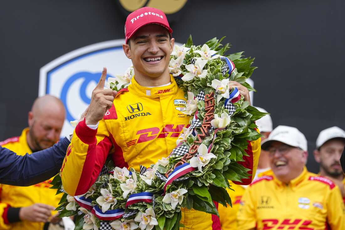 Alex Palou, of Spain, celebrates after winning the Indianapolis 500 at the Indianapolis Motor Speedway on Sunday.