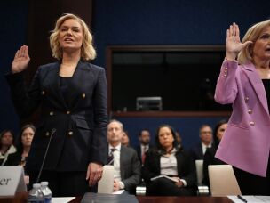 President and CEO of NPR Katherine Maher (left) and President and CEO of PBS Paula Kerger are sworn in before a House Oversight and Government Reform Committee hearing at the U.S. Capitol on March 26, 2025.
