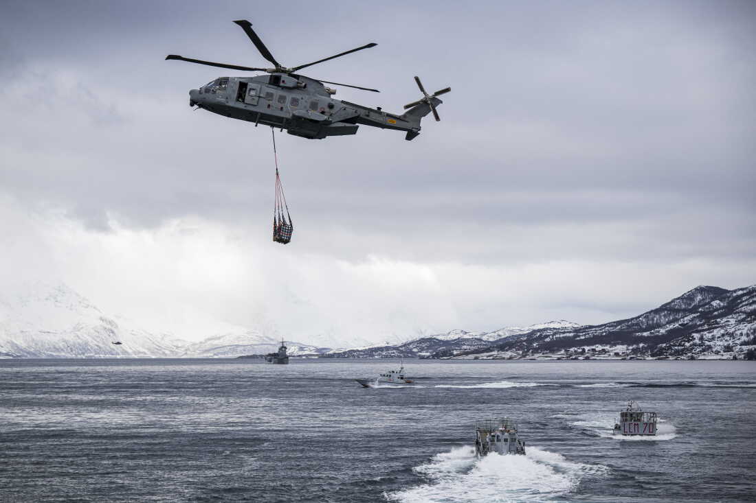 An amphibious assault demonstration with joint forces of the Swedish, Finnish, Italian and French army is pictured during the Nordic Response 24 military exercise on March 10, 2024, at sea near Sorstraumen, above the Arctic Circle in Norway.