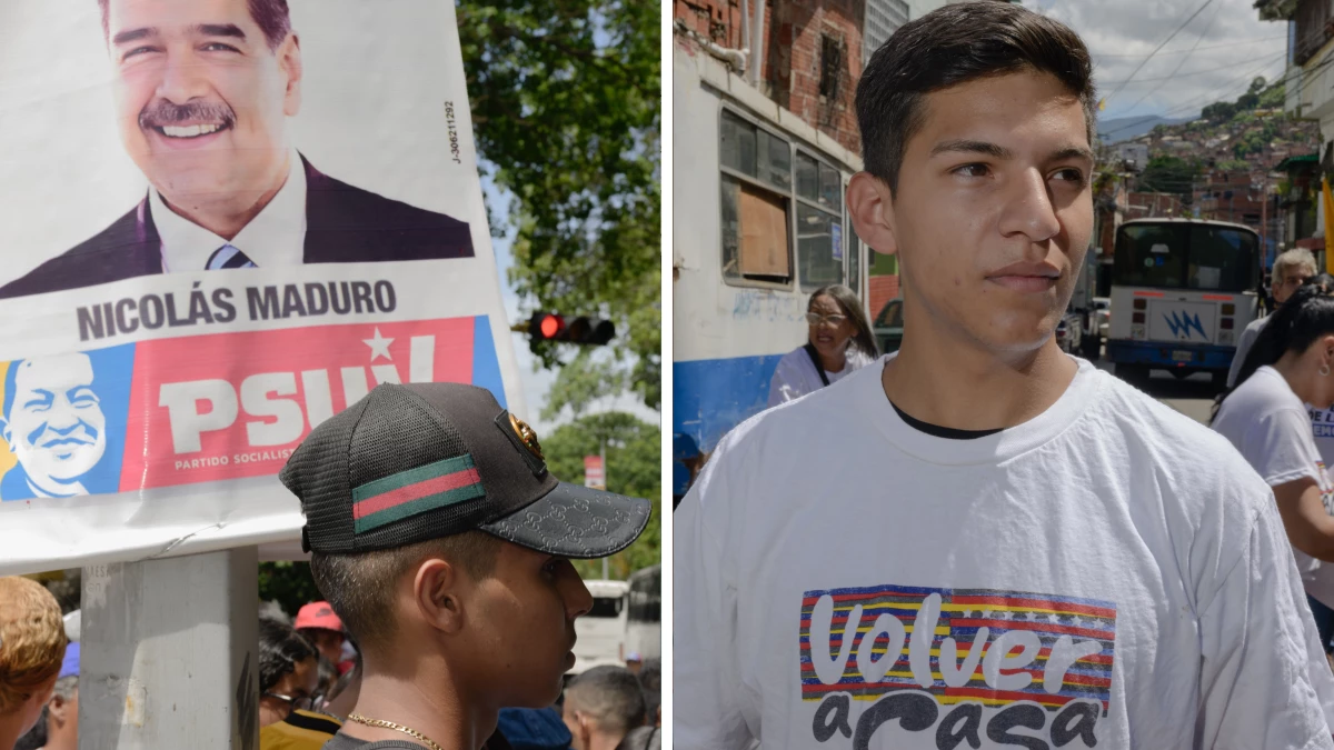 People attend the closing campaign in Caracas of President Nicolás Maduro, where stages were set up all over the city, and people were bussed in from various states of the country on Thursday; Isaac Pavique, 22, poses for a portrait during a community opposition rally in the La Vega neighborhood of Caracas on Wednesday. While many people his age have left the country, Pavique hopes he can stay and fight for a better future. His shirt reads “Return home,” referencing a talking point of María Corina Machado, opposition leader, in relation to the mass exodus of millions of Venezuelans in the past decade.