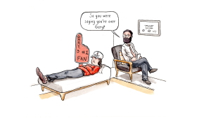 An illustration shows a therapist sitting in a chair and a patient lying on a chaise couch. The patient wears a baseball hat that says "I heart Gary" and has a huge foam thumb that says "Gary's #1 fan." The therapist says, "So, you were saying you're over Gary?" 