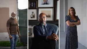 Left to right: Ronald Marshall poses for a portrait outside the prison he was held in when Katrina hit. Orleans Parish District Attorney Jason Williams at his office in New Orleans. Meghan Garvey, the only full-time public defense attorney in New Orleans.