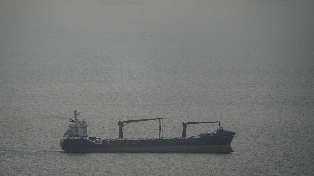 A cargo ship carrying vehicles sails through the Arabian Gulf toward the Strait of Hormuz in the United Arab Emirates, Sunday, March 22, 2026. 