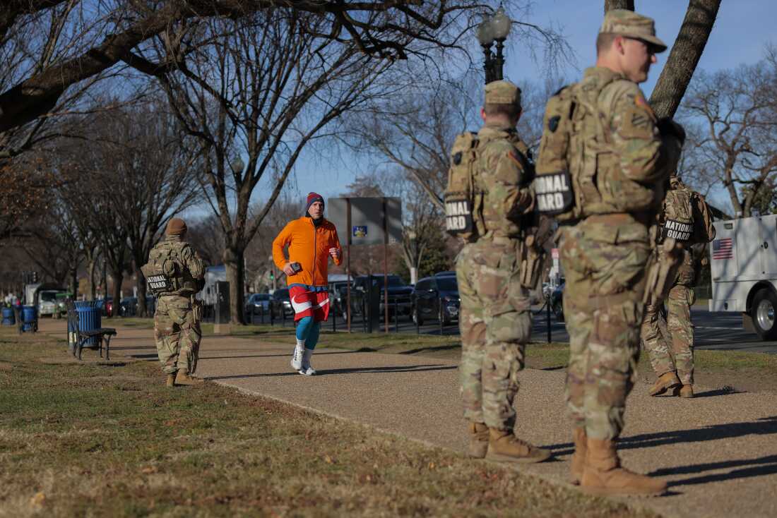 Members of the National Guard patrols along Constitution Ave. on December 01, 2025 in Washington, D.C.