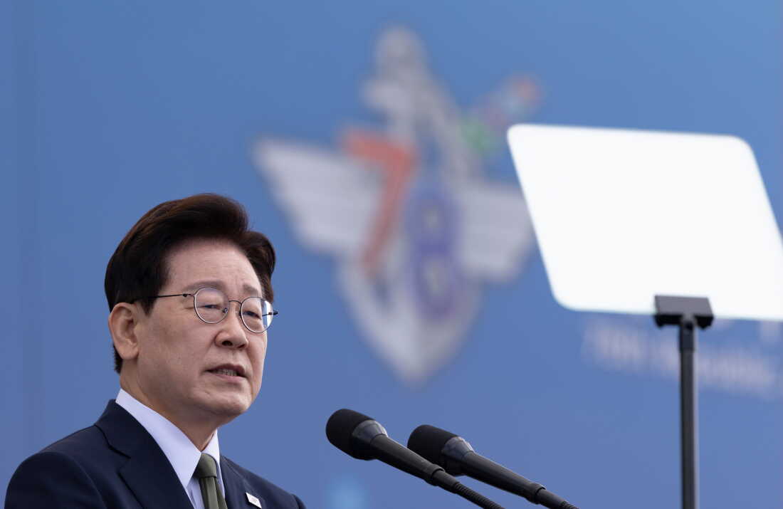 South Korean President Lee Jae Myung delivers a speech during the Armed Forces Day at a military base in Gyeyong, South Korea, Thursday, Oct. 1, 2026.