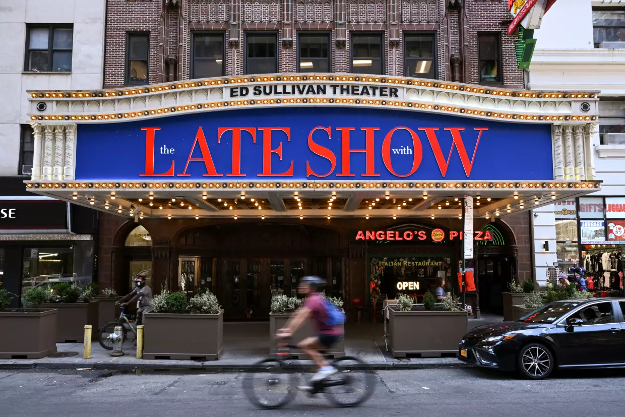 A marquee for <em>The Late Show with Stephen Colbert </em>at the Ed Sullivan Theater in New York City.