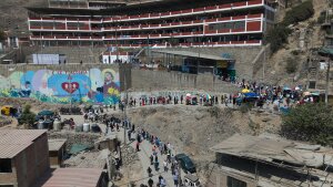Voters line up outside a polling station during general elections in LimaPeruSundayApril 122026.