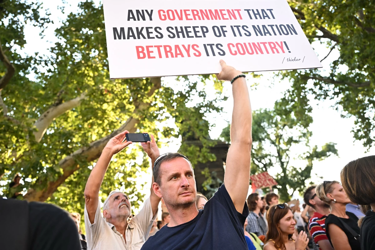 Teachers, students and their sympathizers protest in central Budapest following a government-mandated 'smartphone ban' in schools that was signed by nationalist Prime Minister Viktor Orbán.