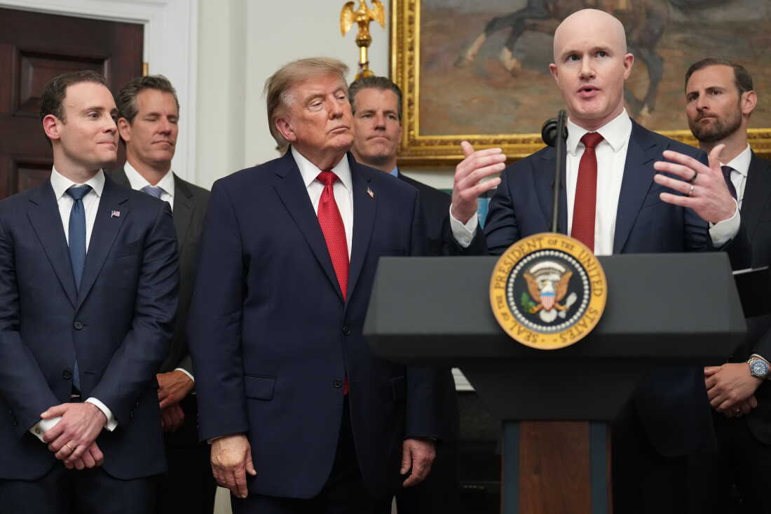 Coinbase CEO and co-founder Brian Armstrong speaks as President Donald Trump meets with technology leaders in the Roosevelt Room of the White House, Wednesday, Aug. 19, 2026, in Washington. 