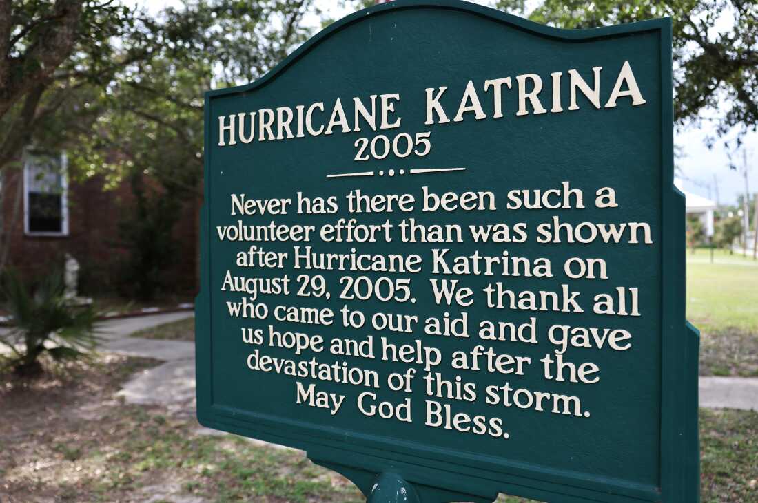 A historic marker honors volunteers outside Waveland's Ground Zero Hurricane Museum.