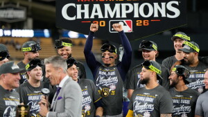 The Milwaukee Brewers celebrate after Game 4 of baseball's National League Championship Series between the Milwaukee Brewers and the Los Angeles Dodgers, Thursday, Oct. 15, 2026, in Los Angeles.