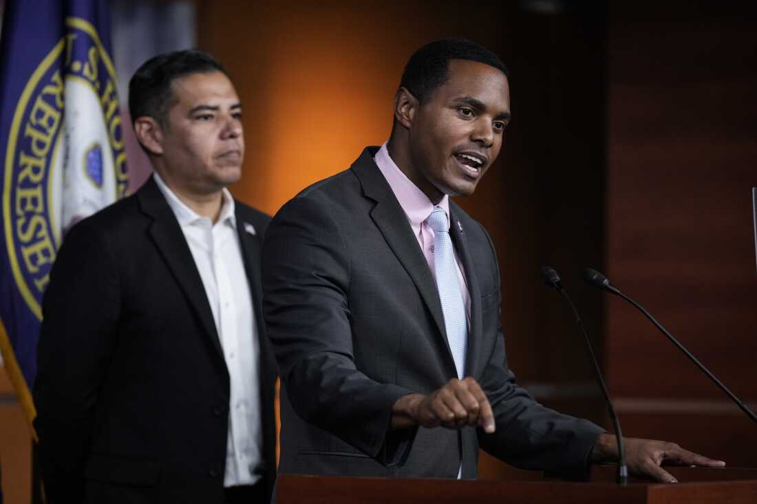 New York Democratic Rep. Ritchie Torres, on the right, speaks during a news conference on Capitol Hill July 17, 2023 in Washington, D.C.