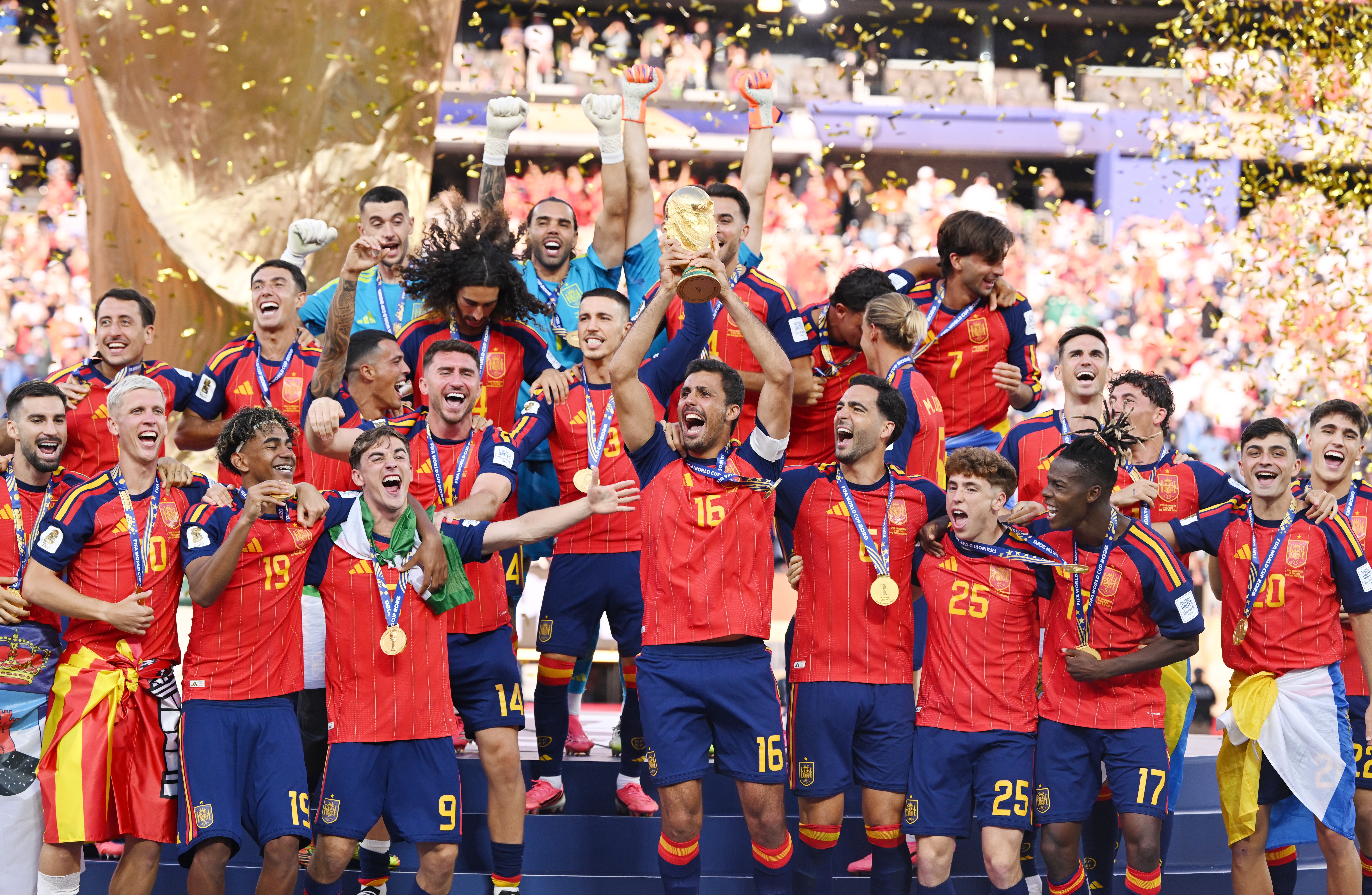 Rodri, #16 of Spain, lifts the FIFA World Cup Winner
