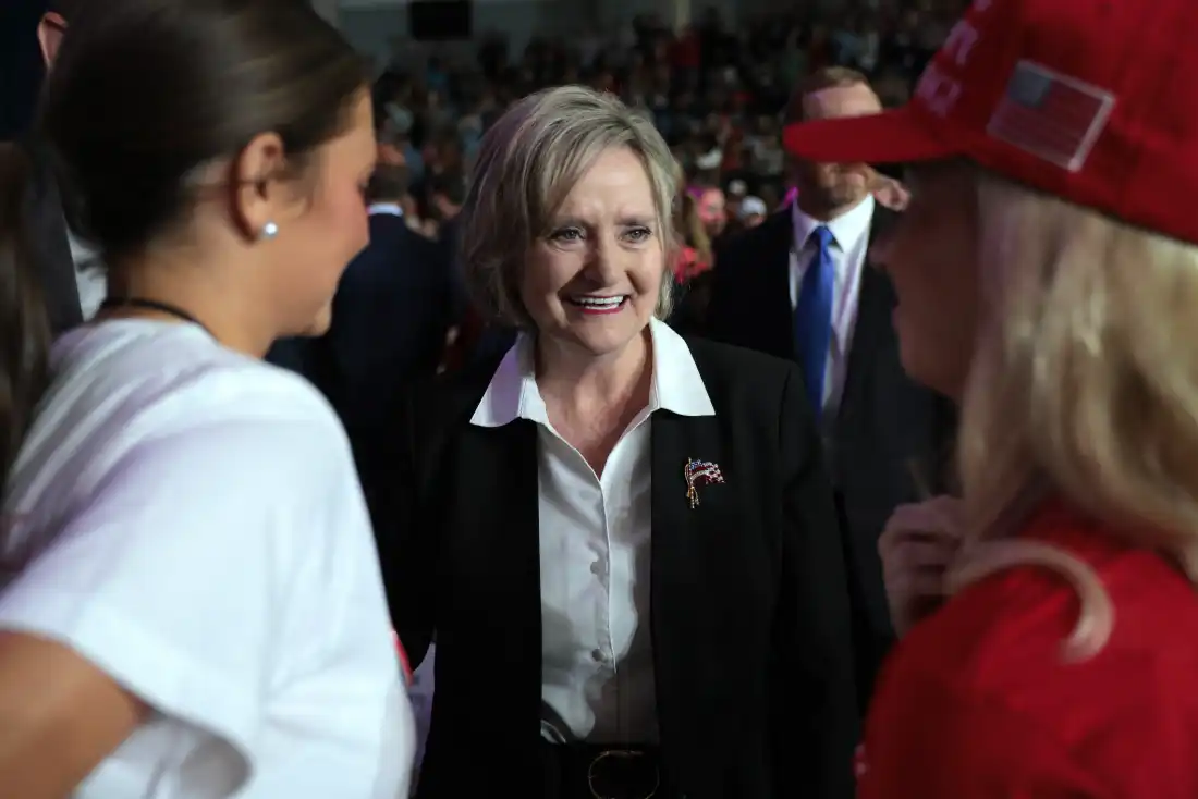 Mississippi Republican Sen. Cindy Hyde-Smith talks to audience members as President Trump holds a campaign rally in support of her reelection campaign on Oct. 26, 2026 in Corinth, Miss.