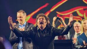 Argentina's President Javier Milei greets supporters during the closing campaign rally for Manuel Adorni, a contender in the upcoming elections for the Buenos Aires city legislature, in Buenos Aires, Argentina on Wednesday.