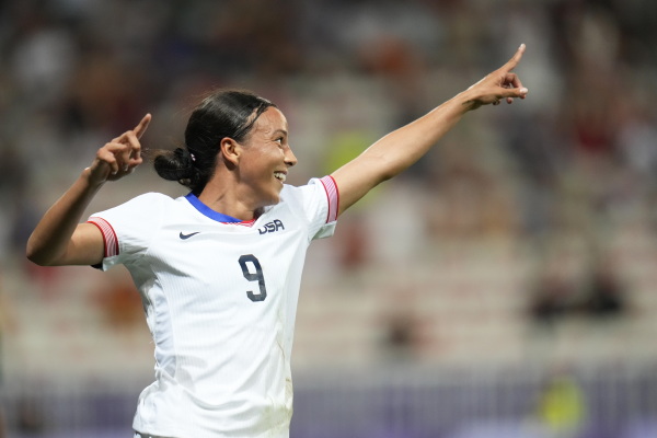 Mallory Swanson of the U.S. reacts after scoring the team's third goal (and her second of the match) during the USWNT's opening group game against Zambia at Nice Stadium at the 2024 Summer Olympics on Thursday.
