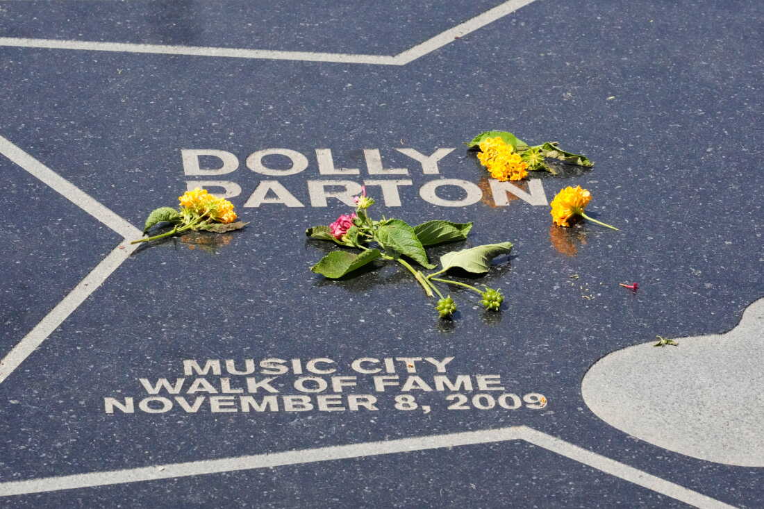 Flowers are placed on Dolly Parton's star at Walk of Fame Park on Tuesday, Aug. 25, 2026, in Nashville.