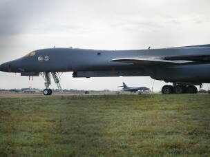 A B1 USAF bomber on the tarmac at RAF Fairford in Fairford, England, Monday, Sept. 28, 2026.