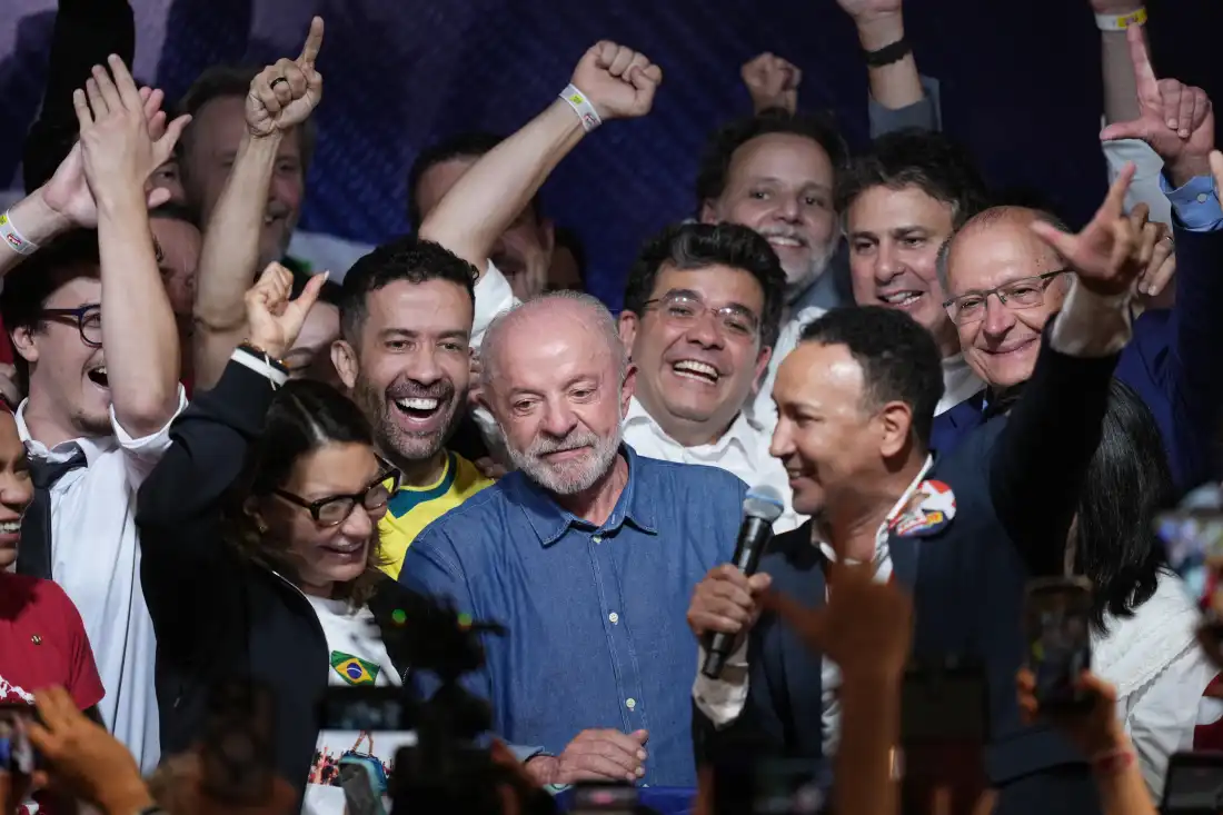 President Luiz Inacio Lula da Silva addresses supporters after winning a fourth term in the presidential runoff in , Brazil, Sunday, Oct. 25, 2026.