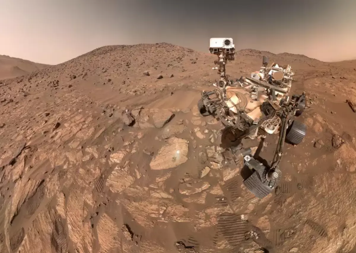 The Perseverance Mars rover took this selfie, made up of 62 individual images, on July 23, 2024. 'Cheyava Falls' is to the left of the rover near the center of the image.