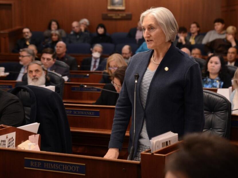 Rep. Rebecca Himschoot, I-Sitka, speaks in favor of a veto override on House Bill 69 on Tuesday, April 22, 2025.