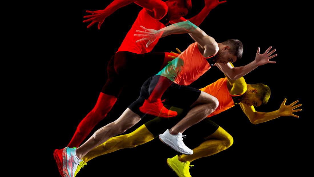 Creative collage of man, professional athlete, runner isolated over black background. Glitch and duotine effect. Concept of art, sport, motivation, action. Copy space for ad