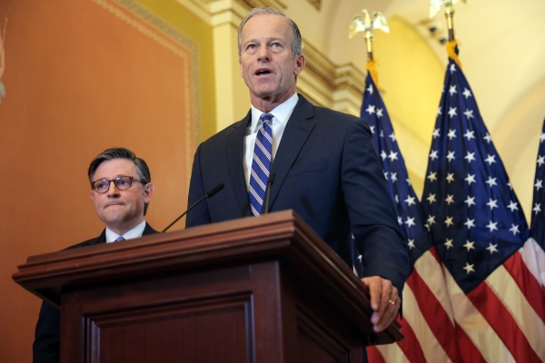 Senate Majority Leader John Thune, R-S.D., (R) says he hopes to pass the Senate's massive tax and spending bill this week. If he succeeds, House Speaker Mike Johnson, R-La., (L), will have to sell the bill to holdouts in his own party if he hopes to meet President Trump's goal of signing the bill on July 4.
