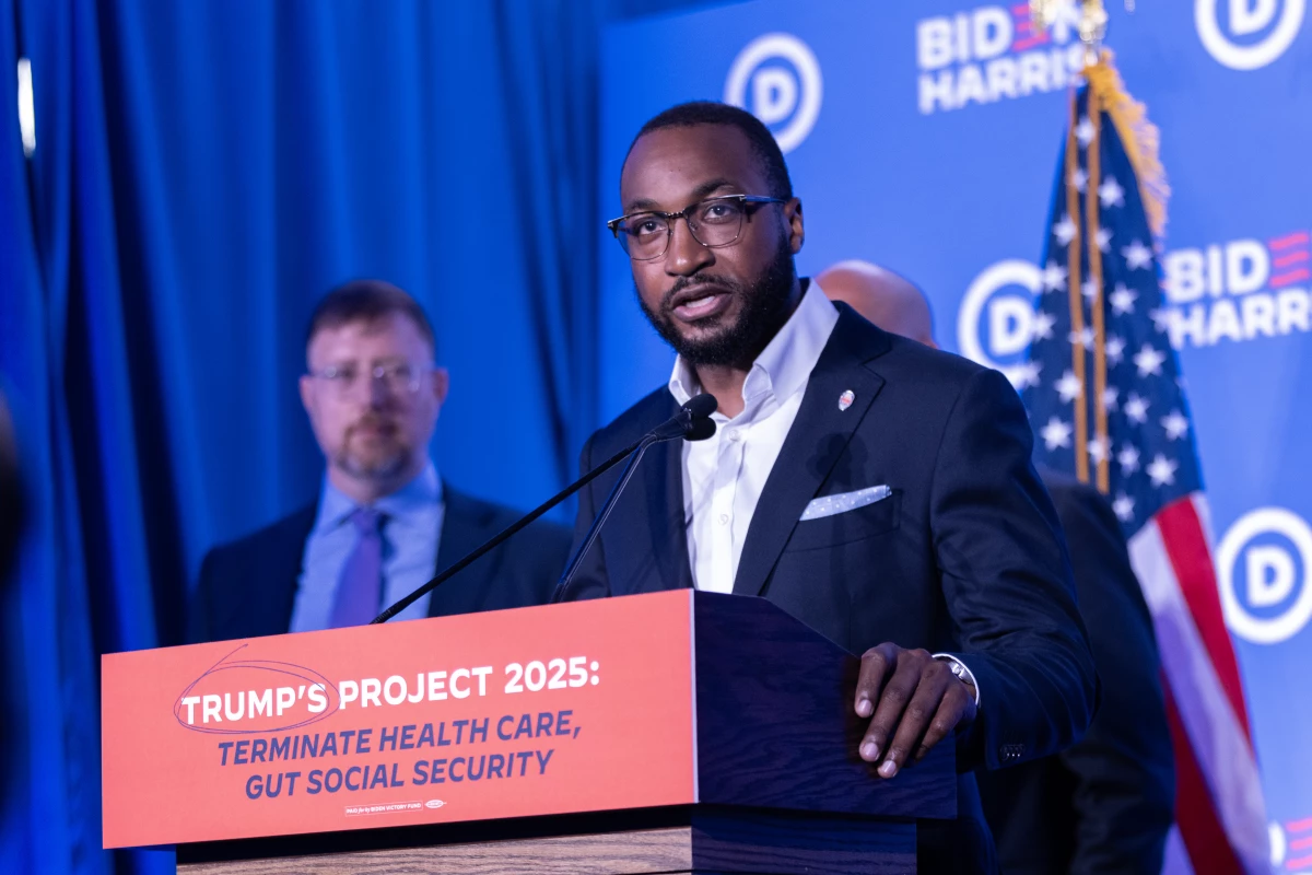 Quentin Fulks, deputy campaign manager for Biden's campaign, speaks during a press conference in Milwaukee during the Republican National Convention.