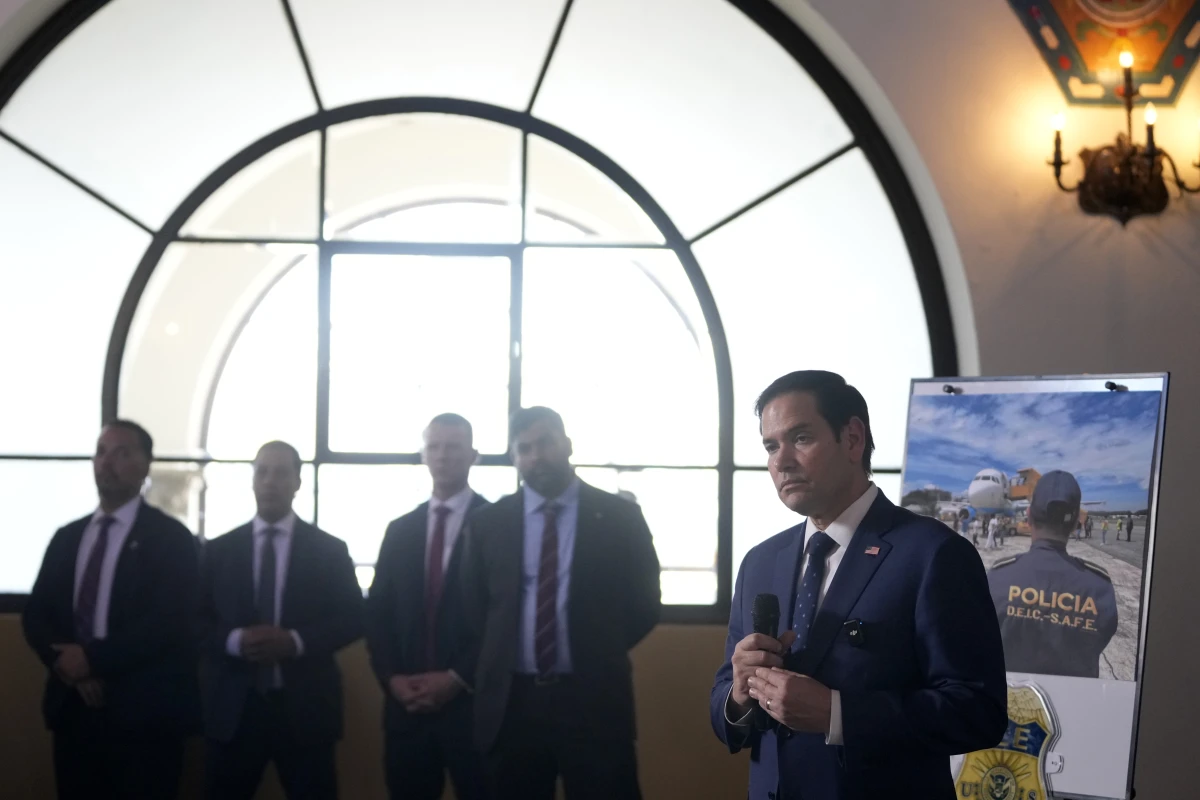 U.S. Secretary of State Marco Rubio speaks after a tour of a migrant return center and a demonstration of a dog trained to sniff out narcotics, at La Aurora International Airport in Guatemala City on Wednesday.