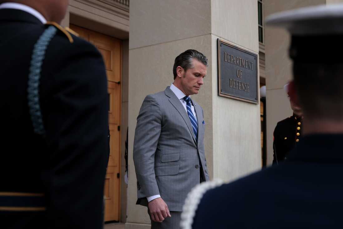 Secretary of Defense Pete Hegseth steps out to welcome Israeli Prime Minister Benjamin Netanyahu to the Pentagon during an honor cordon on Feb. 5.