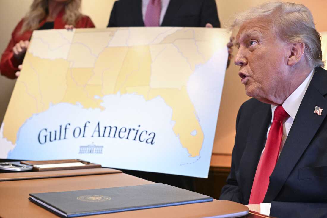 President Trump speaks to the press after signing a proclamation renaming the Gulf of Mexico as the Gulf of America aboard Air Force One, as it flies over the Gulf enroute to New Orleans, Louisiana on Febrary 09, 2025. For years, as disputes over names on the map riled up nationalist passions in several parts of the world, US policymakers have watched warily, trying to stay out or to quietly encourage peace. Suddenly, the United States has gone from a reluctant arbiter to a nomenclature belligerent, as President Donald Trump declared that the Gulf of Mexico will henceforth be called the "Gulf of America." In an executive order signed hours after he returned to the White House, Trump called the water body an "indelible part of America" critical to US oil production and fishing and "a favorite destination for American tourism and recreation activities." (Photo by ROBERTO SCHMIDT / AFP) (Photo by ROBERTO SCHMIDT/AFP via Getty Images)