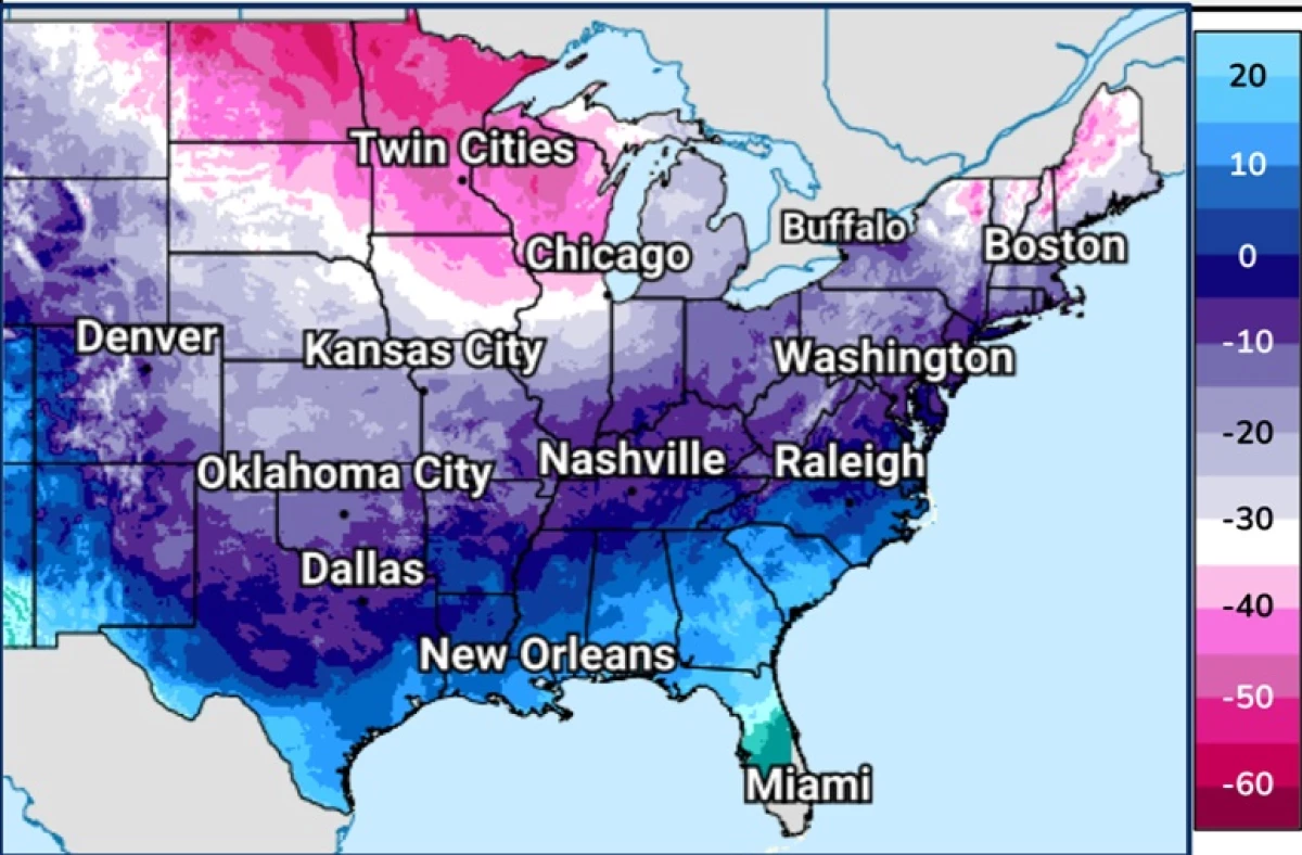 This graphic from the National Weather Service shows the minimum wind chill temperatures expected from Jan. 22 through Jan. 26 across much of the U.S.