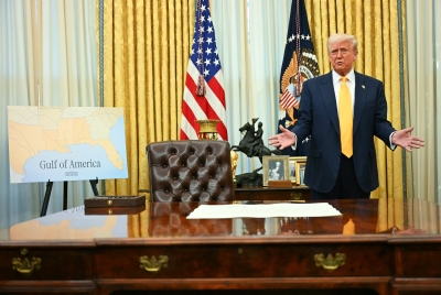 The Trump administration has blocked the Associated Press from covering several of the president's events because it continues to refer to the body of water between Mexico and Florida as the Gulf of Mexico. Under President Trump's direction, the U.S. has renamed it the Gulf of America. (AFP via Getty Images)