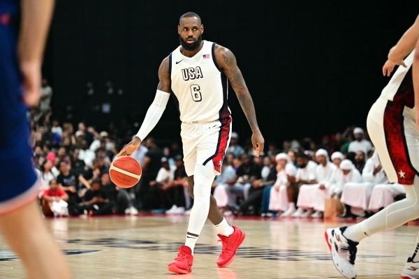 LeBron James during a friendly match earlier this month between the U.S. and Serbia. James, 39, will carry the U.S. flag at the Olympics opening ceremony.
