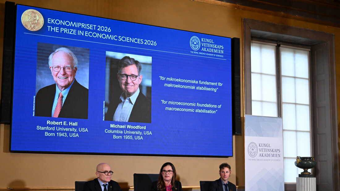 U.S. economists Robert E. Hall and Michael Woodford are announced as the winners of the 2026 Nobel prize in economics at the Royal Swedish Academy of Sciences in Stockholm on Monday.