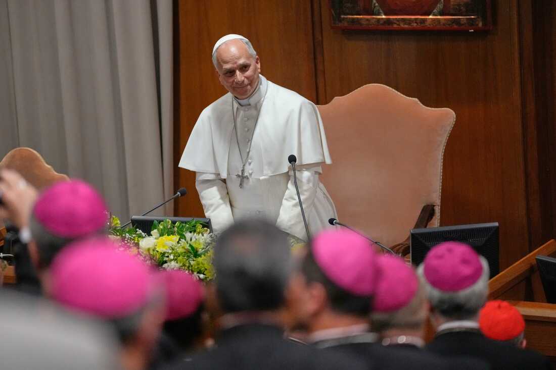 Pope Leo XIV attends the presentation of his first encyclical, "Magnifica humanitas," at the the Vatican on May 25, 2026.