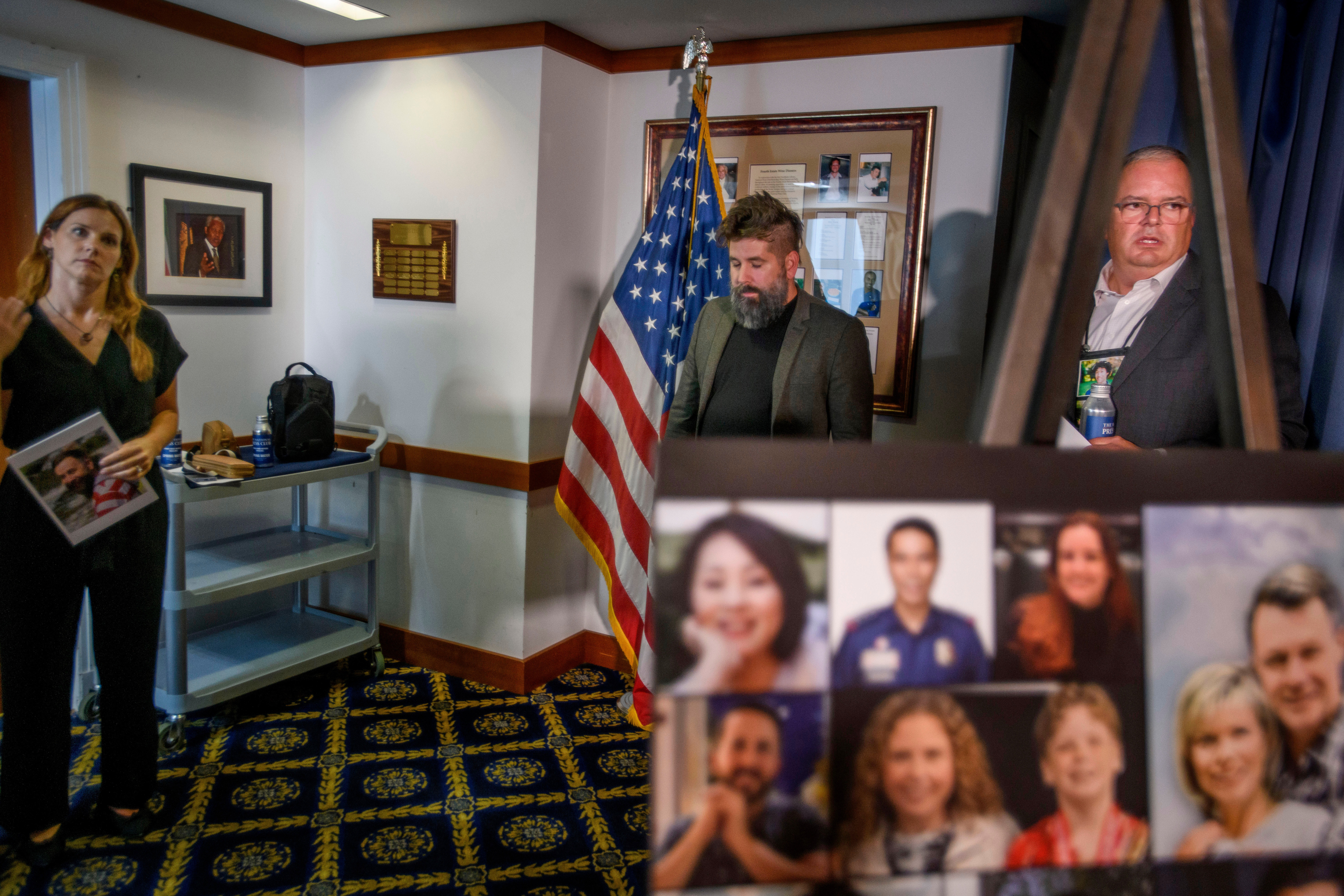 Rachel Crafton, left, wife of Casey Crafton, and Dailey Crafton, center, brother of Casey Crafton who perished on American Eagle flight 5342, are joined by Doug Lane, right, whose wife and son also died on the flight, prepare to talk with reporters Wednesday regarding a lawsuit over the Jan. 29, 2025, mid-air collision with a U.S. Army Black Hawk Helicopter. (AP)
