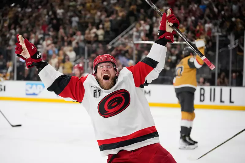 Carolina Hurricanes left wing Nikolaj Ehlers (27) celebrates after scoring an empty-net goal during the third period in Game 6 of the NHL hockey Stanley Cup Final series against the Vegas Golden Knights, Sunday, June 14, 2026, in Las Vegas.