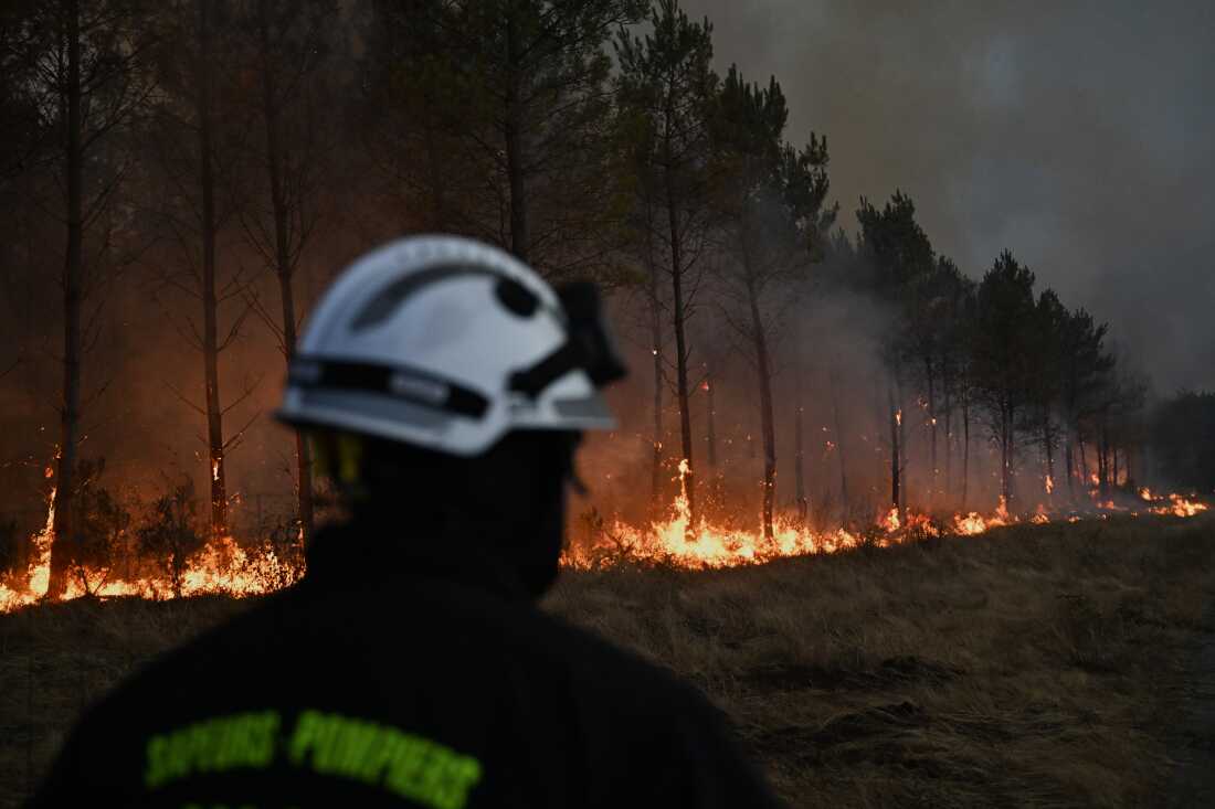 A firefighter walks in front of burning trees as a wildfire rages near Marcheprime, outside, Bordeaux, France, July 26, 2026.