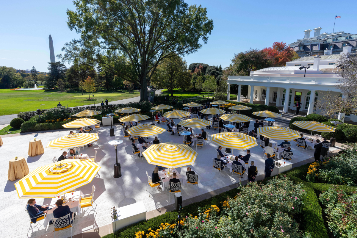 President Donald Trump speaks during an October 2025 lunch with Republican senators in the White House Rose Garden, which he paved into a patio earlier this year.