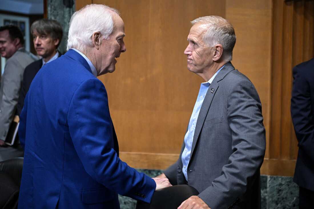 Sen. John Cornyn, Republican from Texas, (left) speaks with Senator Thom Tillis, Republican from North Carolina, (right) during a Senate Finance Committee hearing on July 30.