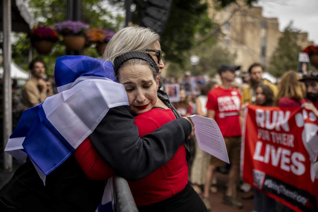 On Sunday Rachel Amaru, an organizer for Run for Their Lives, embraces Rachel Cohen, who was at the June 1 attack in Boulder, Colo. On June 1, Mohamed Soliman allegedly threw incendiary devices at a group participating in an organized walk to show solidarity with hostages held by Hamas in Gaza.