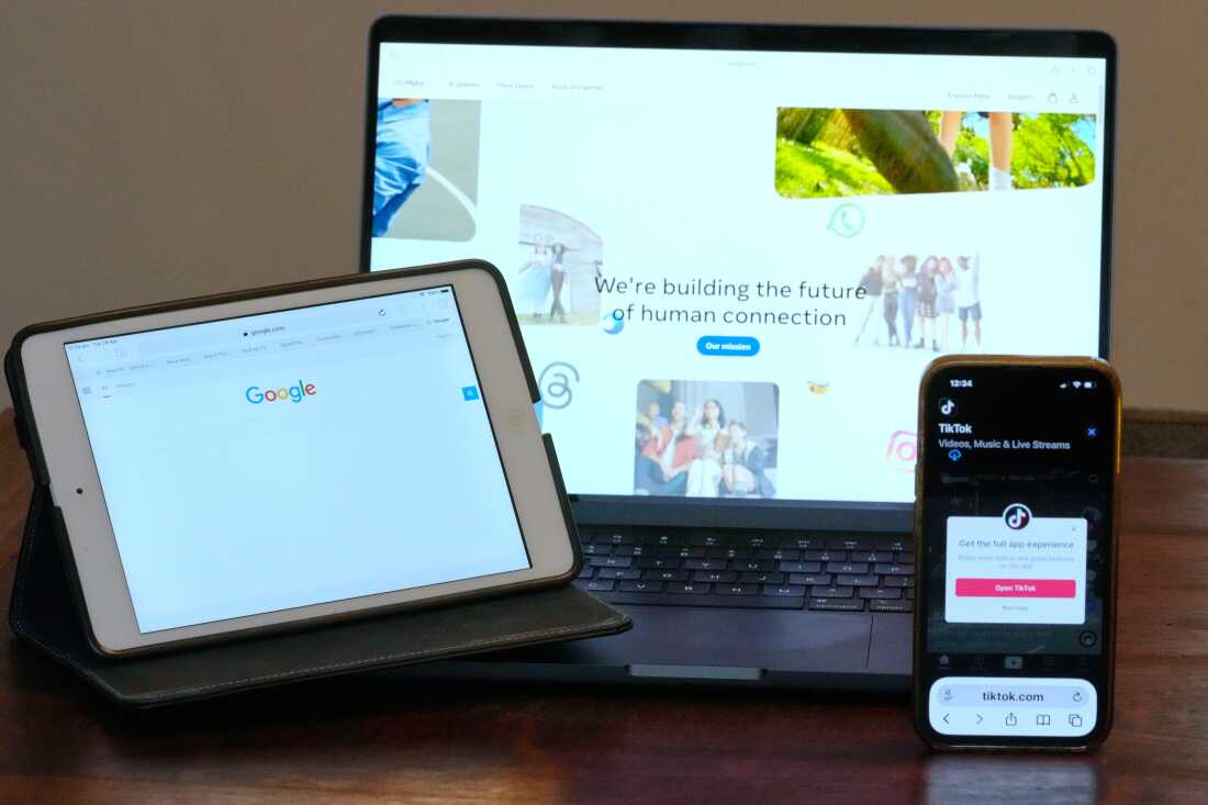 The home pages of Meta, Google and TikTok are displayed on devices in Sydney, Tuesday, April 28, 2026.