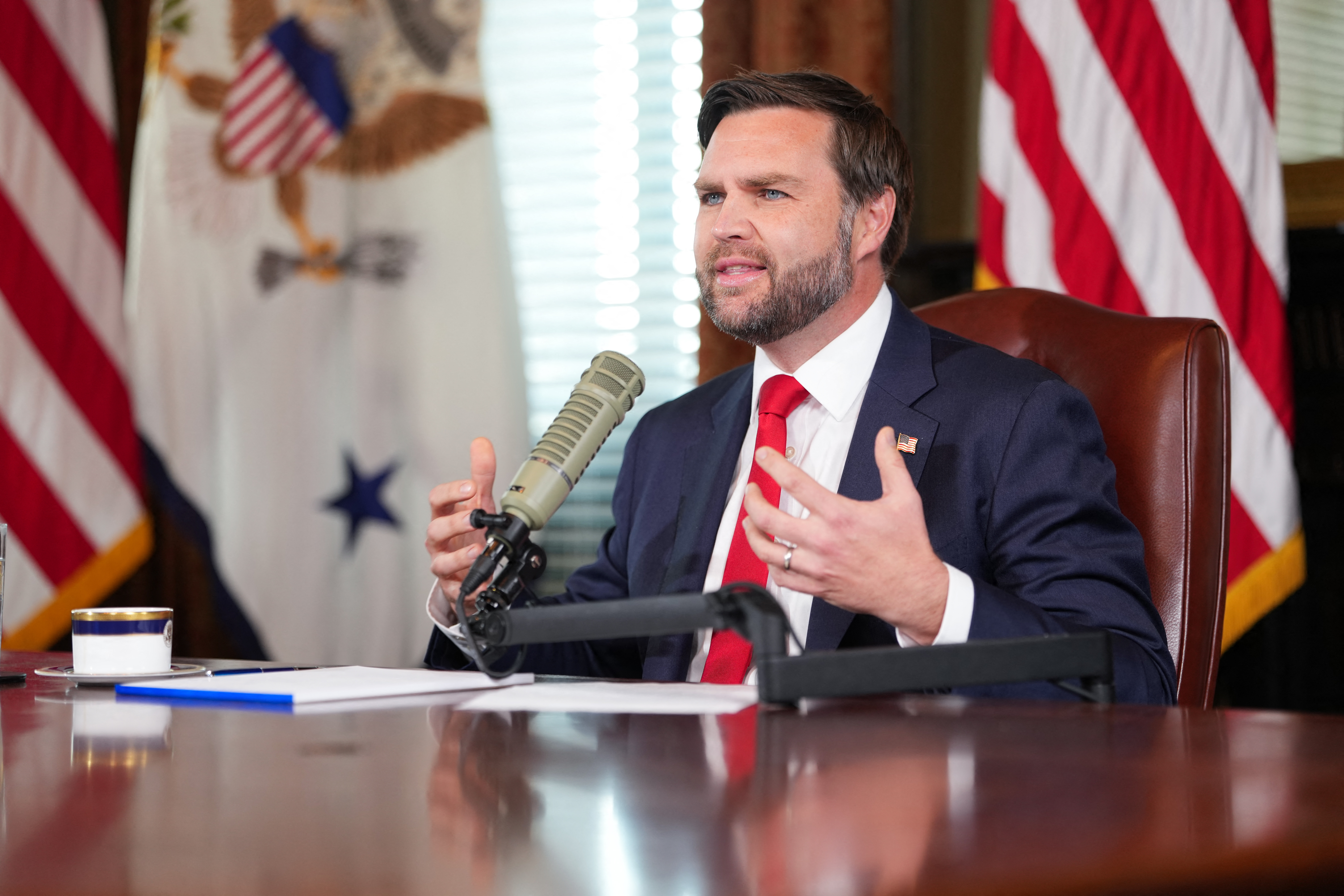 Vice President JD Vance hosts an episode of the <!-- raw HTML omitted -->Charlie Kirk Show<!-- raw HTML omitted --> in the Eisenhower Executive Office Building on Monday. Kirk was killed last week while speaking at Utah Valley University.