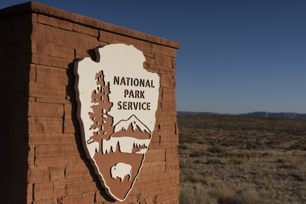 The National Park Service logo is displayed at Glen Canyon National Recreation Area in Page, Arizona, on July 10.