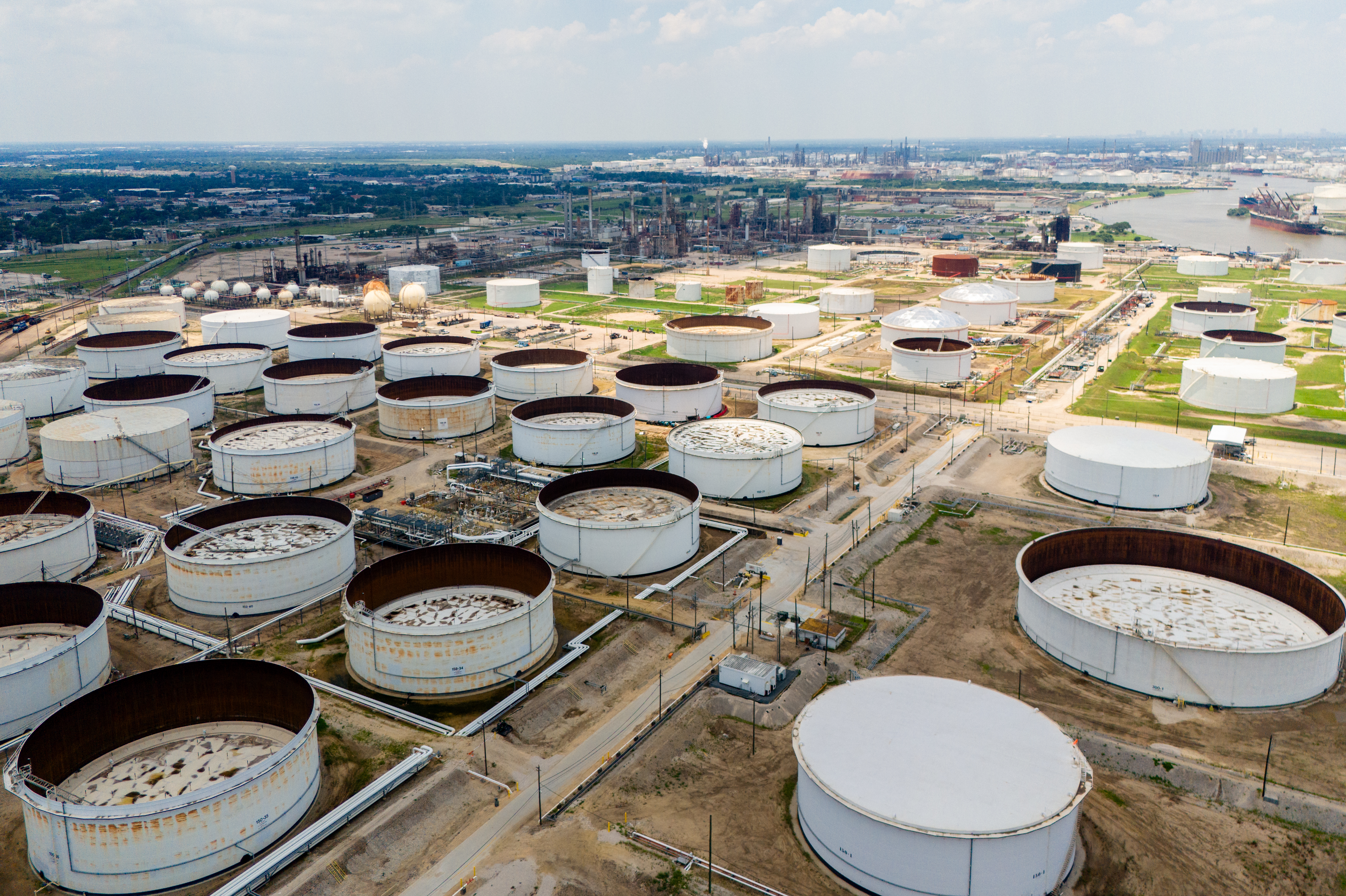 An aerial view of oil storage containers near the Chevron Pasadena Refinery in June 2024 in Pasadena, Texas. The U.S. is now the world