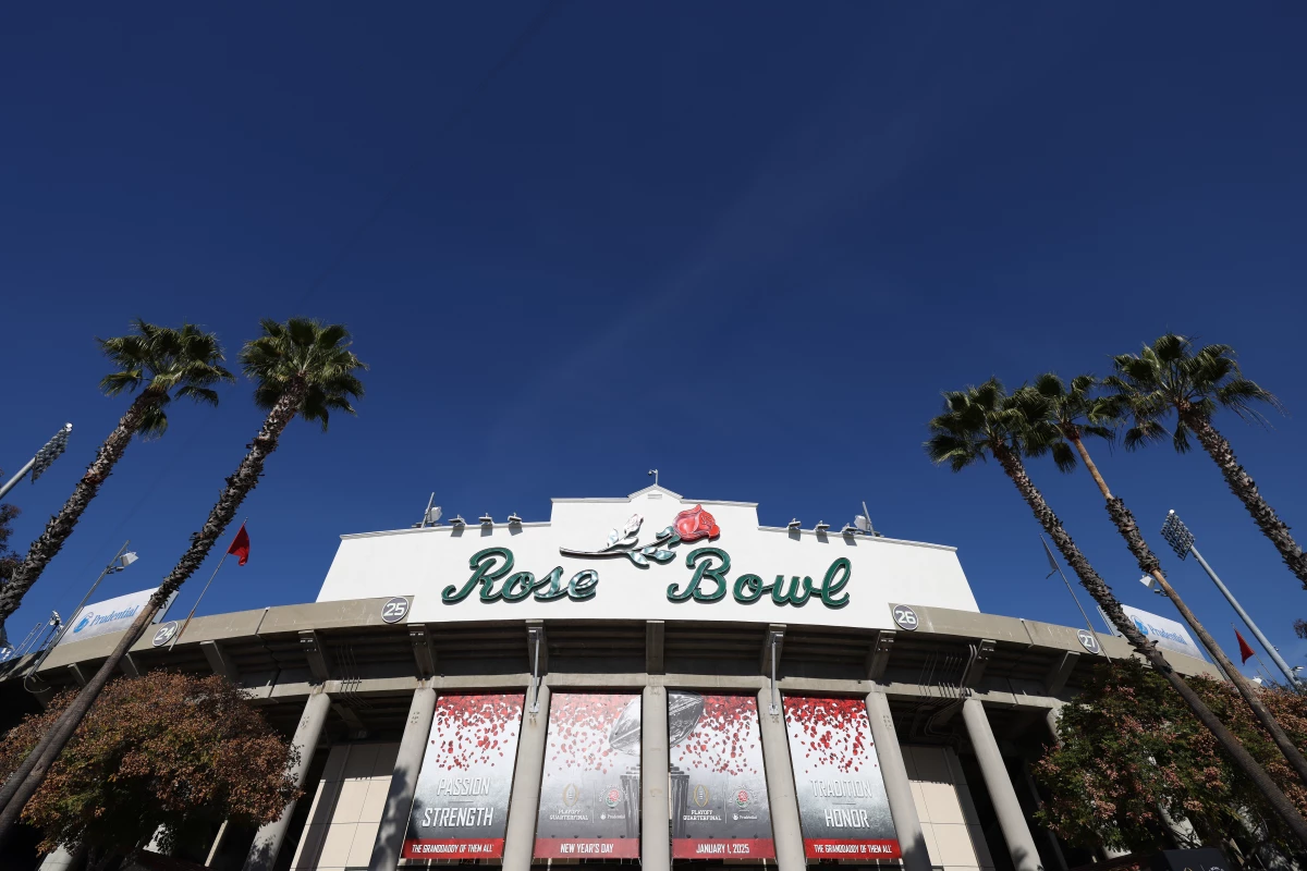 The Rose Bowl stadium in Pasadena, pictured last week ahead of the College Football Playoff quarterfinal game between Ohio State and Oregon. The stadium is now under evacuation warning.
